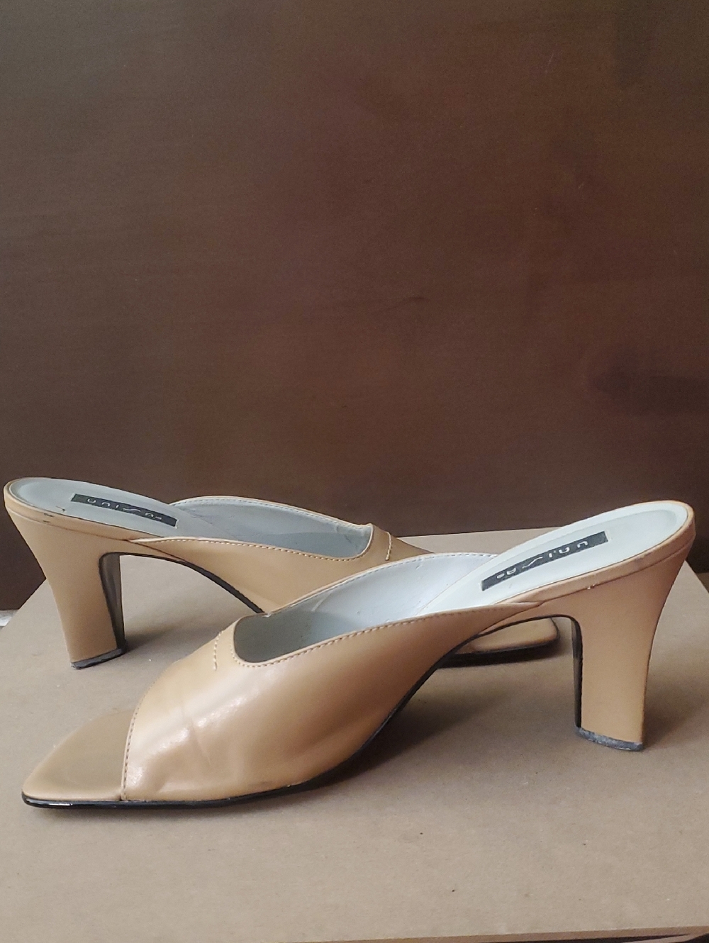 Leather, Tan, Open-Toe, Slip-On Mule Heels